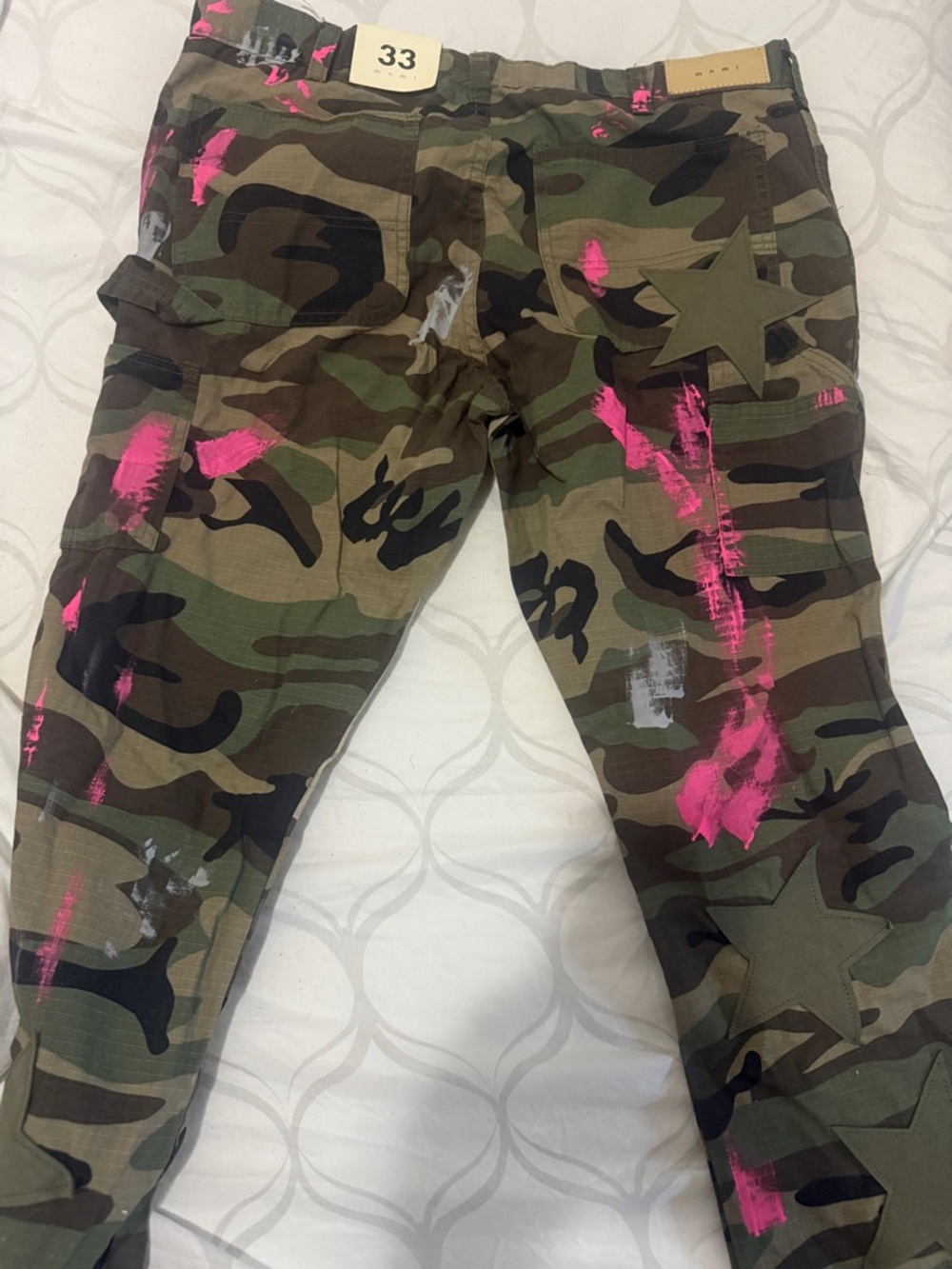 MNML Camo Cargo Jeans with Pink Paint Accents